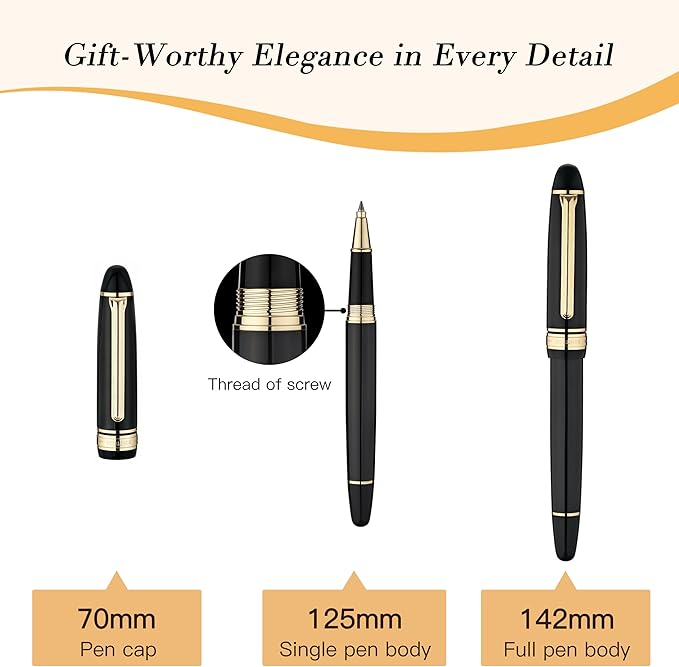 BEILUNER 319 Piano Black Lacquer Rollerball - Stunning Luxury Pen with 24K Gold, Heavy, Schneider Black Ink Refill, Best Gift Set for Men & Women, Professional, Executive Office, Fancy Classic Pens
