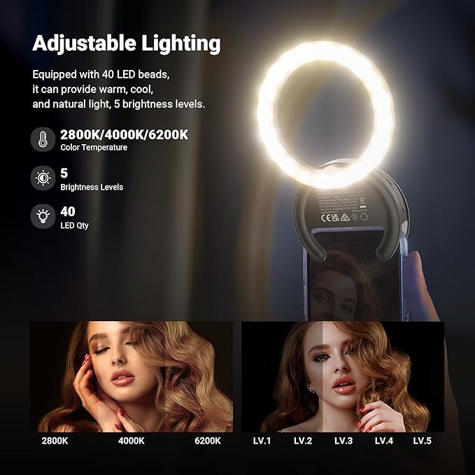 NEEWER Entry Level Version 4" Phone Selfie Ring Light Compatible with iPhone, 5W Bi Color Rechargeable Clip Lighting with 500mAh/CRI85 for Video Recording Makeup Laptop Webcam Video Conference, BR40