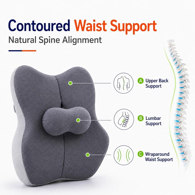 Pampkin Ergonomic Lumbar Support Pillow with Adjustable Strap | High-Density Memory Foam Back Cushion for Office Chair & Car | Back Pain Relief & Posture Support