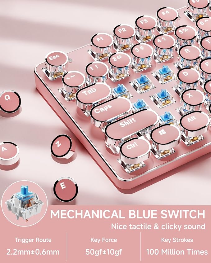 TK950 Typewriter Wireless Mechanical Keyboard, Aesthetic Tri-Mode Bluetooth/2.4G/Wired Retro Punk Typewriter Keyboard with White Backlit, Blue Switch, Round Keycaps for Laptop/Mac/iPad/Win, Pink
