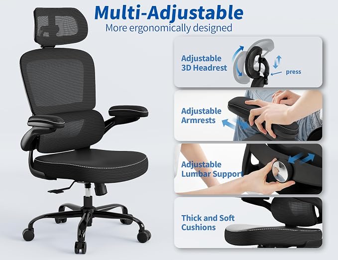 TRALT Ergonomic Office Chair - Desk Chair with Adjustable Headrest Lumbar Support Computer Chair - Mesh Comfy Chair with Flip-up Armrests - Gaming Chair for Adults Home Office PU, Black, Pack of 4