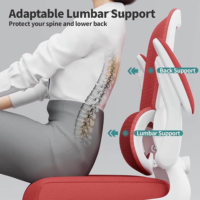 TRALT Office Chair - Ergonomic Desk Chair with Adjustable Lumbar Support, Mesh Computer Chair, Executive Chairs for Home Office Comfortable Lumbar Support (White Red)