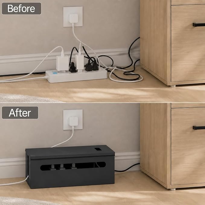 Slim Metal Large Cable Management Box Cord Hider Wire Organizer Boxes | Power Strip Box for Electrical Cord Hiding, Home Office Floor and Desk Cables Hider, TV Wires Storage Organization