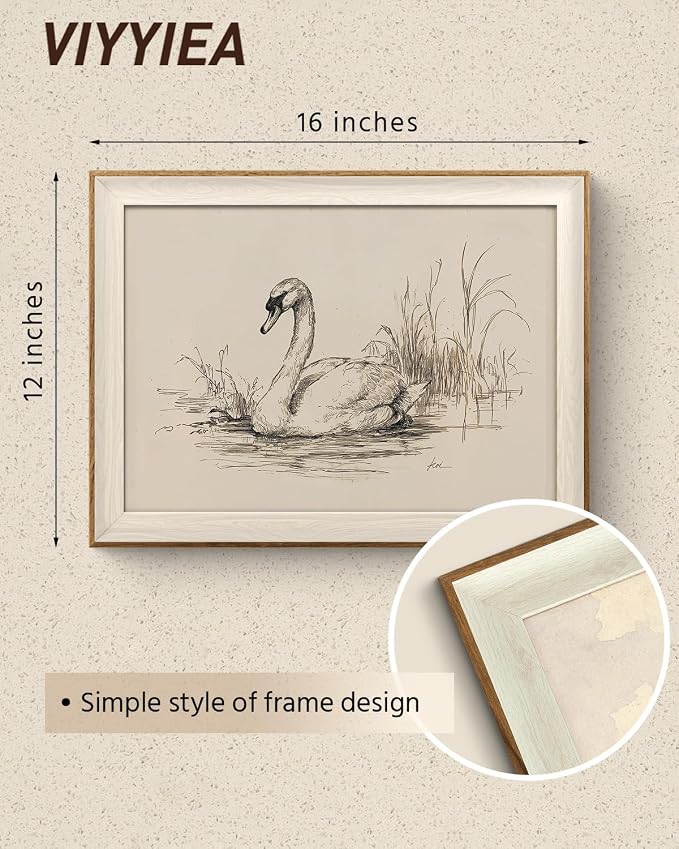 VIYYIEA Framed Wall Art for Living Room, Elegant Swan Pencil Sketch Canvas Prints, Minimalist Vintage Animal Nature Theme Home Decor, Bedroom Office Bathroom Aesthetic, 12x16 Inch