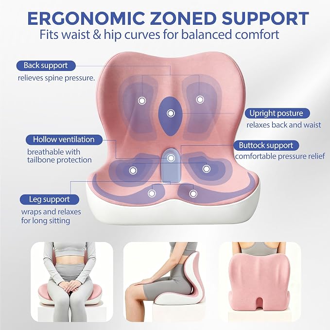 Seat Cushion for Office Chair and Car, Ergonomic Memory Foam Seat Cushion with Lumbar Support Pillow, Orthopedic Cushion for Sciatica & Back Pain, Pink & Light Gray