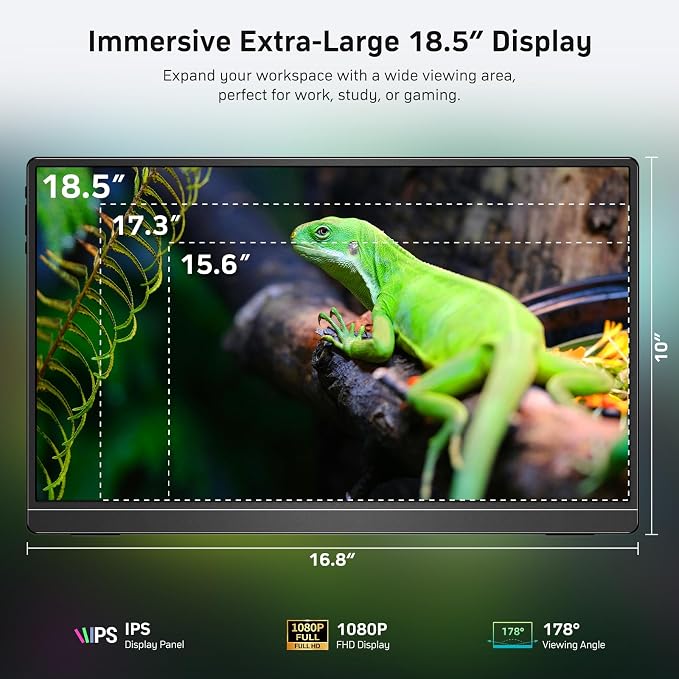 Anyuse 18.5 Inch Portable Monitor 100Hz FHD 1080P IPS Display with Integrated Stand Dual Speakers USB-C HDMI External Screen for Laptop PC Phone Gaming Console Travel Display