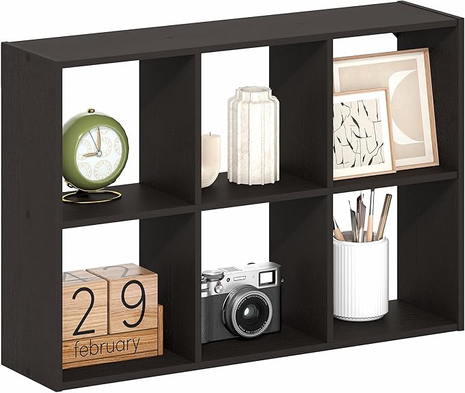 Furinno Rossi 6-Cube Floating Shelves for Wall, Wall Mount Organizer, Desktop Organizer, Bookshelf, for Home Office, Study Room, Black Dark Oak