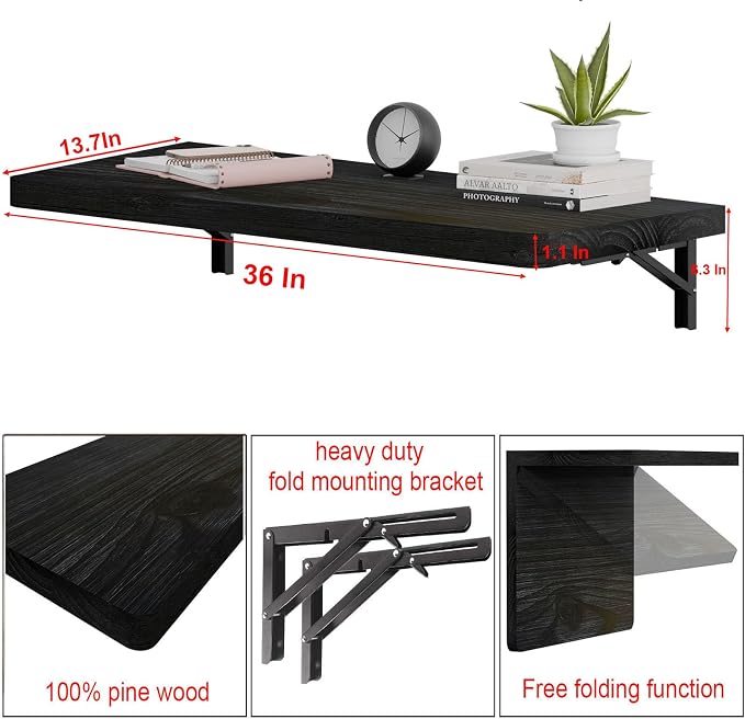 IAE Wall Mounted Folding Table with Pine Wood,36" x 14" Floating Wall Desk,Laundry Folding Table with Shelf Brackets,Fold Down Desk Shelf,Fold Workbench for Apartments,Home,Laundry Room,Kitchen,Black