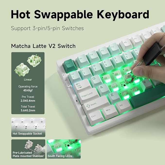 MCHOSE G75 PRO 75% Wireless Mechanical Keyboard, TKL Keyboards Tri-Mode BT5.0/2.4GHz/USB-C, Hot Swap Custom Creamy Keyboards Linear Switch, Double Shot PBT Keycaps RGB LED Backlit, White&Green