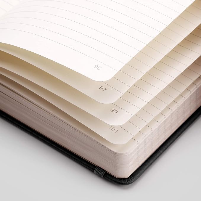 EMSHOI A5 College Ruled Notebook, 256 Numbered Pages 120GSM Ink-Proof Faux Leather Hardcover Lay-Flat Lined Journal for Work Office School Travel Writing, Small 5.75" x 8.38", Black