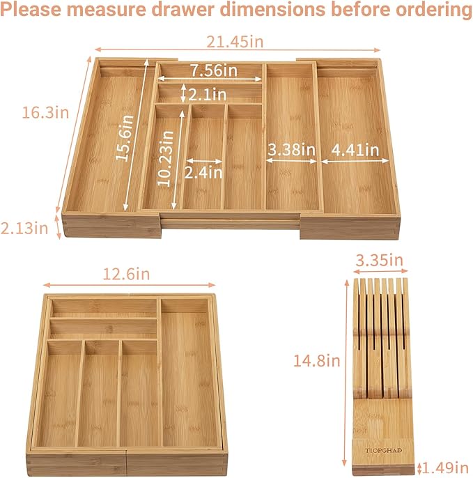 Expandable Bamboo Silverware Drawer Organizer Tray, Natural | Removable Knife Block, Holds 7 Knives, Adjustable Dividers, 12.6-21.45 x 16.3 x 2.13 in, Drawer Insert for Utensils, Forks