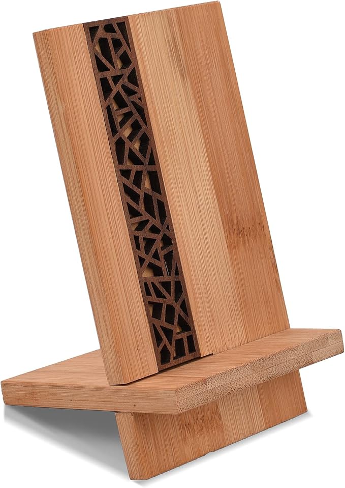 Mobile Stand Japanese Style Cellphone Holder Desktop Organizer Charging Station Compatible with All Smartphones Tablets Natural Bamboo Wood Portable Adjustable Angle (Pattern-NO Hole)