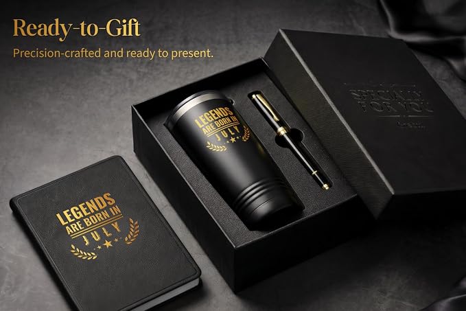 Onebttl Personalized Birthday Gifts for Men Who Have Everything, Travel Tumbler for Him, Custom Notebook, Luxury Pen, Unique Birthday Gift Set, July