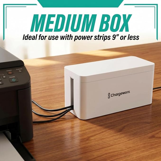 Cable Management Box, Extension Cord Hider, Power Strip Box, White, 2 Pack | Wire Organizers for Cords, Floor Cable Concealer, Heat Resistant, Vented, Cord Hider Box, Power Strip Cover Box