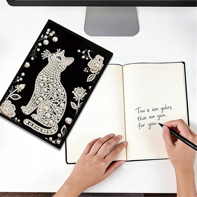 FRANDEK Pearl Painting Notebook Kit, Black and White Cat A5 DIY Journal with 50 Blank Pages, Diamond Gem Art Cover with Waterproof Canvas, Beginner Craft Set with Full Tools for Adults