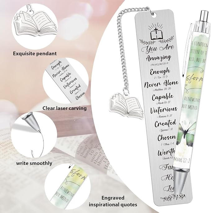Bible Bookmark and Pen Gift Set with NFC – Inspirational Metal Bookmark with Scripture Verses, Engraved Ballpoint Pen, Gift Box, Christian Gift for Women Men Teachers Colleagues Friends