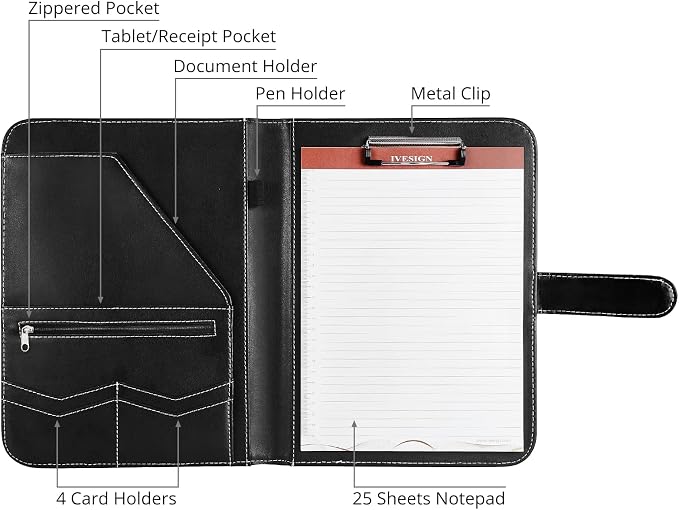 Leather Portfolio Notebook with Folder，Storage Clipboard with Cover for Legal Pad Holder Letter Size A4 Writing Pad for Business School Office Resume Conference Notepad Clip Boards(Black)