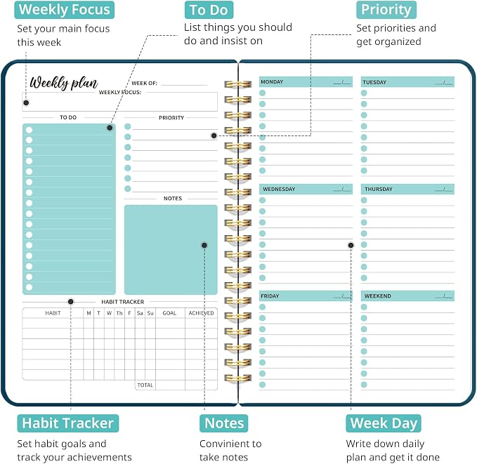 Taja Undated Weekly Planner, Weekly To Do List Notebook with Goal & Habit Tracker Organizer, A5 Weekly Planner Notebook with Spiral Binding, 6.1" x 8.2" - Navy
