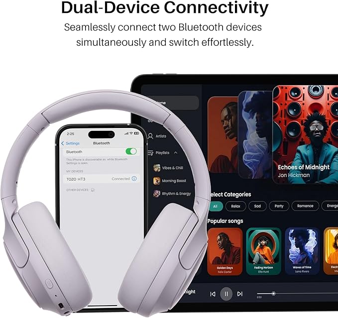 TOZO HT3 Hybrid Noise Cancelling Headphones, 90H Battery Life Wireless Over Ear Bluetooth 6.0 Foldable Headset, AI Voice Assistant with 5 Mics, Connect 2 Devices and Hi-Res Sound, 32 EQ Audio Presets