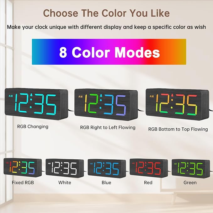 DreamSky Wooden Digital Alarm Clock for Bedroom, Living Room Desk | RGB Loud Alarm Clock for Heavy Sleepers with Volume Control, Large Numbers with Dimmer, Office Wood Decor (Plug in Clock)