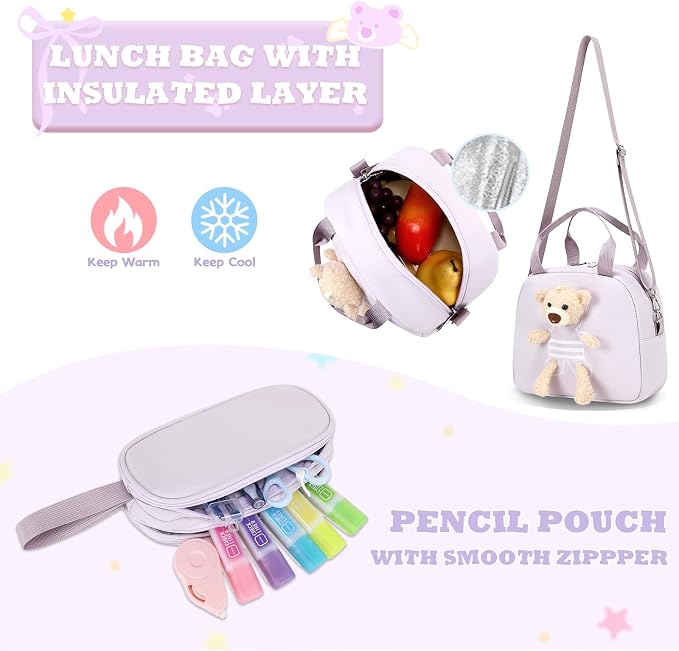 ACESAK Girls Backpack for School Set - 5 PCS Cute Girls Backpack with Lunch Box, Pencil Case, Bento Box & Insulated Water Bottle - Kawaii Casual Kids Bookbag Set Back to School Supplies (Purple)