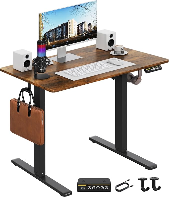 35 x 24 Inch Height Adjustable Standing Desk, 3 Presets, Brown | 35 x 24 in Desktop, 28.3–46.5 in Height, 2+3 Controls, ≤45 dB, 154 lb Capacity, 2 Hooks