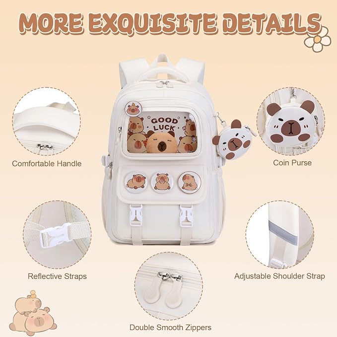 Capybara Backpack for School Girls, 30PCS Capybara Gifts School Supplies Stationery Set with Lunch Box Pencil Case Pens Pencils Notebook Cartoon for Kindergarten Elementary Student(Beige)