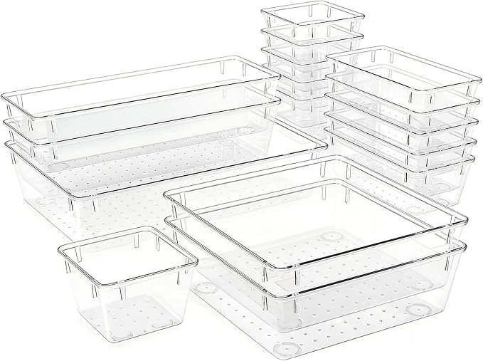 Clear Acrylic Drawer Organizer Trays, 5 Size Junk Box Organization Small Storage Container Bin for Desk Makeup Bathroom Vanity Kitchen Tool Make Up Workspace Home Dorm Apartment Office Room Nightstand