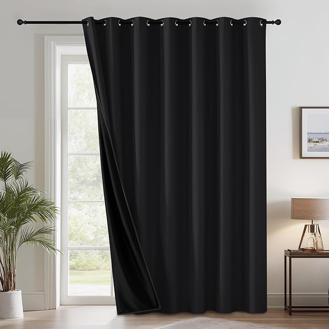 RYB HOME Extra Wide 100% Blackout Patio Door Curtain 96 inch Long, Grommet Room Darkening Room Divider Drapes, Sliding Door Curtains for Living Room/Bedroom Large Window, Black, W100 x L96