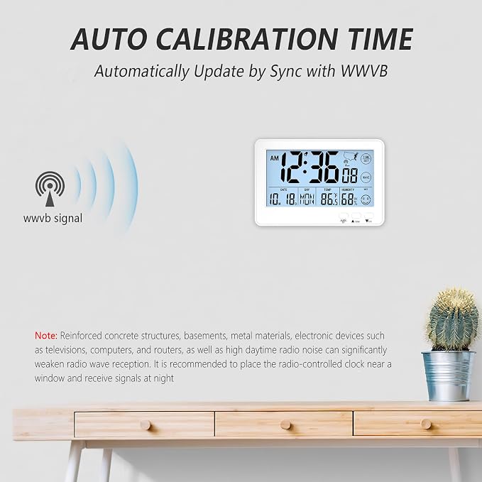 Small Desk Atomic Alarm Clock for Bedroom, Self-Calibrating Time and Date Clock with 4 Time Zone, DST, Temperature, Humidity, Alarm and Snooze for Children's Bedroom, School