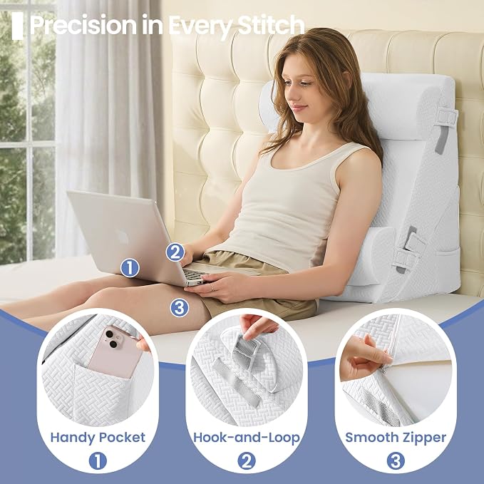 Sasttie Adjustable Wedge Pillow Set for After Surgery, White | 2PCS Bed Wedge Pillow Headboard with Memory Foam Neck Cushion, for Acid Reflux, Sleeping, Neck & Back Support