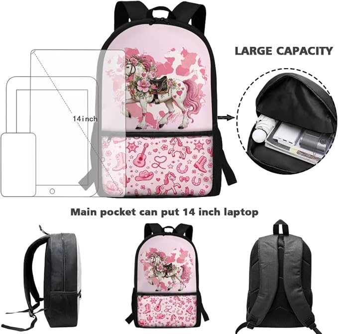 WELLFLYHOM Kids Western Horse School Backpack Elementary Book Bag for Girls | Cowgirl Pink Back Pack with Lunch Bag Pencil Case Water Bottle Cover Kids Daycare Bag Gift for Back to School Season