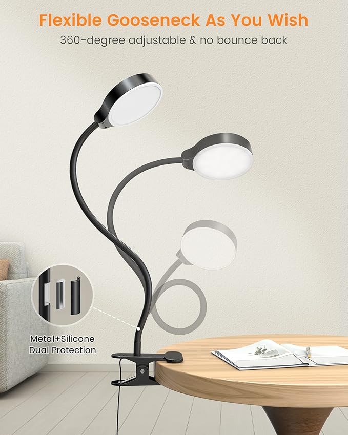 Glocusent 5W Clip on Light, 36 LED Eye Caring Reading Light for Bed, 3 Colors & 5 Brightness Clip on Lamp with Adapter, Perfect Desk Lamp with Clamp/Bunk Bed/Headboard/Table
