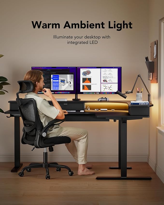 HUANUO 65″ L Shaped Standing Desk with 3 Drawers, Electric Height Adjustable Corner Computer Desk with Power Outlets & LED Strip, Sit Stand Up Desk for Home Office, Black