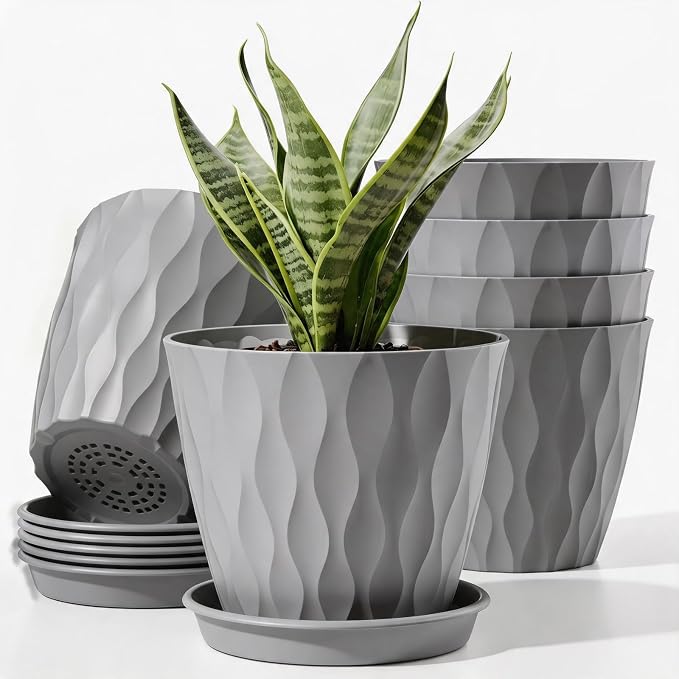 6 Pack Plant Pots with Drainage Holes, 4 Inch Plastic Indoor Flower Pots, Succulent Pots for Orchids, Violets, Succulents, Herbs, and Other Small Plant, Gray