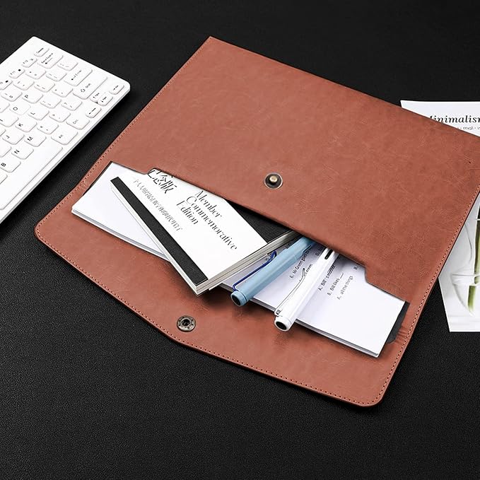 VANRA 1 Piece PU Leather File Folders A4 Document Holder File Envelope Waterproof Portfolio Filing File Organizer for Letter Size with Snap Button Closure, Brown