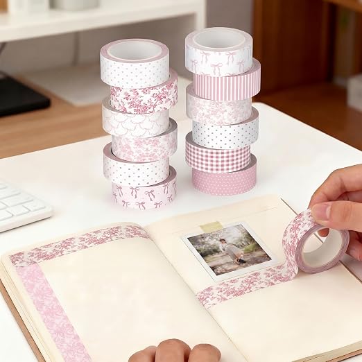12 Rolls Watercolor Floral Washi Tape Set 15 mm Vintage Flower Decorative Masking Tape for Summer School Arts DIY Craft Scrapbook Journal Supplies Gifts(Pink,Bows and Polka Dots)