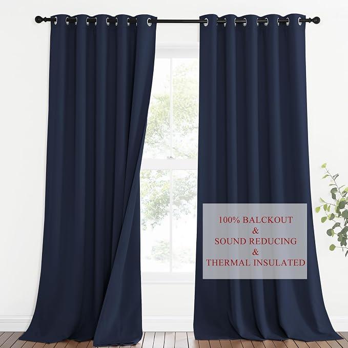 NICETOWN Sound Blocking Black Out Curtains for Patio Door, Heavy-Duty Space Divider Curtains for Living Room, Lined Insert Noise, Blackout, Thermal Insulation Drapes for Closet (Navy, 95-inch Long)