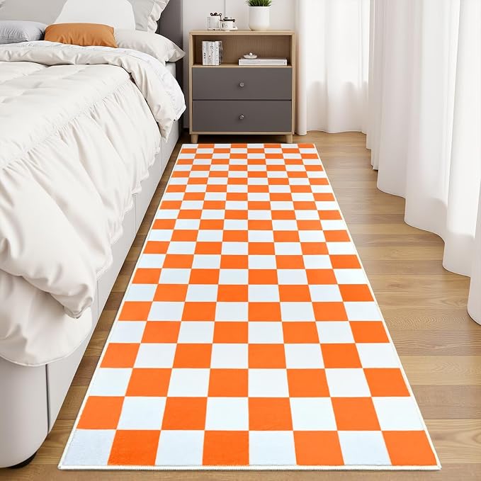 Terrug Orange and White Checkered Area Rug for Kitchen,2x6 Runner Rugs Washable with Non Slip for Bedroom,Soft Low Pile Stain Resistance Retro Carpet for Entryway Hallway