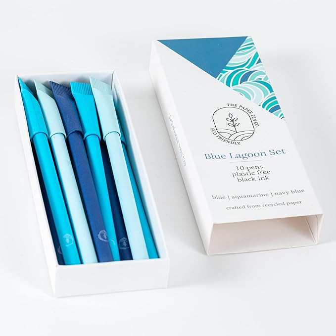 eco-friendly pen - crafted from 100% recycled paper, plastic-free, black Ink, pack of 10, Blue Lagoon set