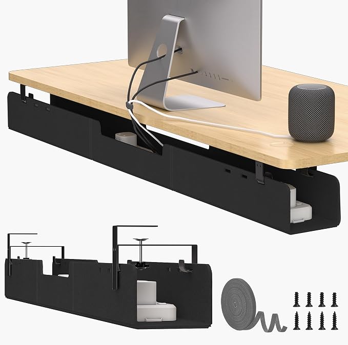 No-Drill Under Standing Desk Cable Management,47.2" L,Black | Upgraded 0.25" Heavy-Duty Felt Cable Organizer,Desk Wire Management Tray with Clamp or Screw Mount,for Home or Office