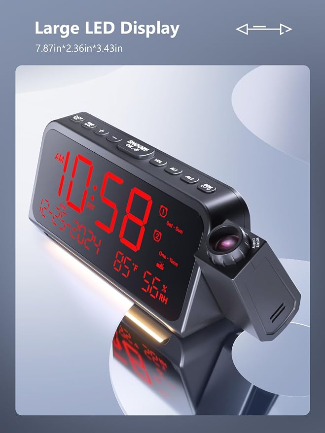 OnLyee Projection Clock for Bedroom Ceiling, Alarm Clock for Heavy Sleepers | 350° Red Projection, Red LED Display, Dual Alarms, 4 Alarm Modes, 5 Brightness Levels, Temp & Humidity, Snooze, USB Charging
