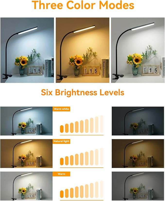 Eye-Caring Adjustable LED Reading Clamp Desk Lamp with 48 LEDs Flexible Neck, 3 Color Modes & 11 Brightness Levels for Office Bedroom Study (Black)