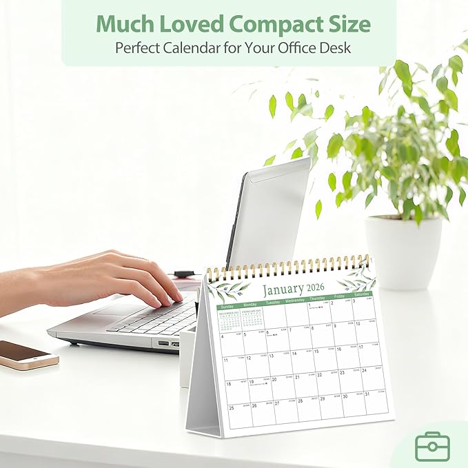 Desk Calendar 2026, Desktop Calendar 2026 Standing Flip Cover 12 Month(January - December), Small Desk Planner with Stickers & Notes for Office Accessories and Home School Supplies, Leaf