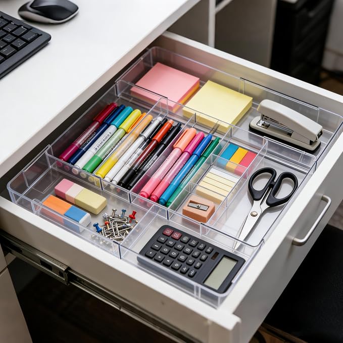 Widousy Acrylic Drawer Organizer, Expandable Drawer Organizer Trays, Desk Organizers and Accessories, Adjustable Compartments Desk Accessories for Makeup Utensil Junk Office Kitchen Bathroom