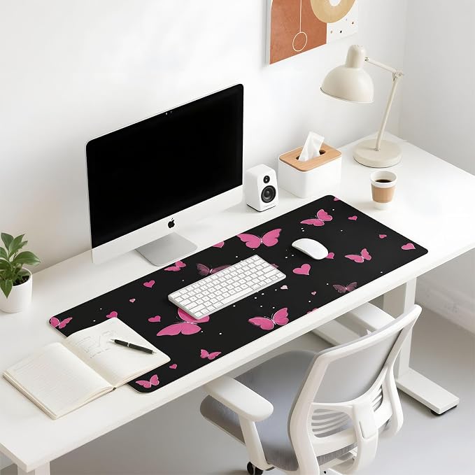Mouse Pad Leather Desk Mat Large Keyboard Cute Office Desktop Computer Laptop XXL Long Big Aesthetic Modern Design Women Girls Gaming Gamer Oversized Wide Mousepad 31.5"x15.7", Pink Butterfly