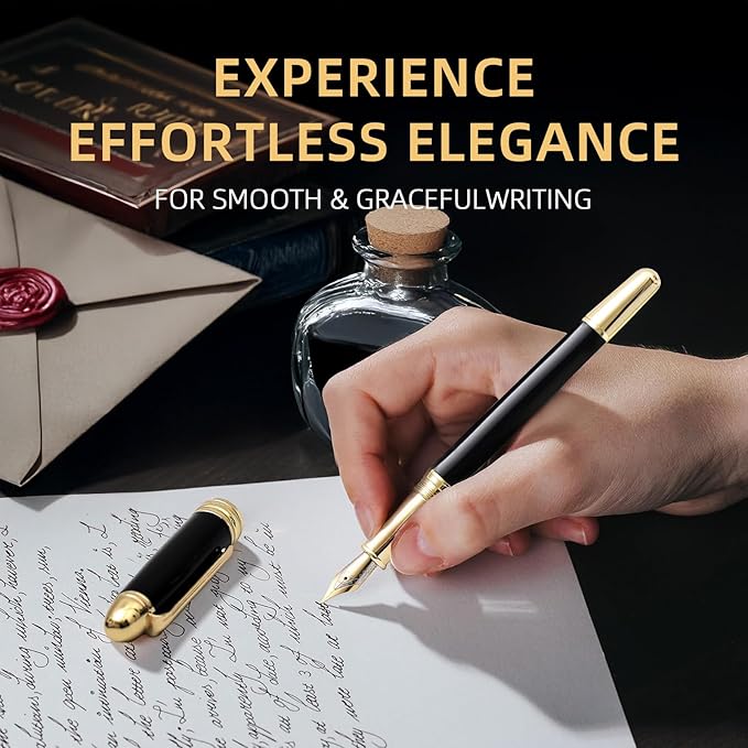 Luxury Fountain Pen Gift Set For Writing Smooth, Fine Nib, Includes Refillable Ink Converter &10 Black 3.4mm Ink Cartridges Metal Pen,Journaling Fancy Pen