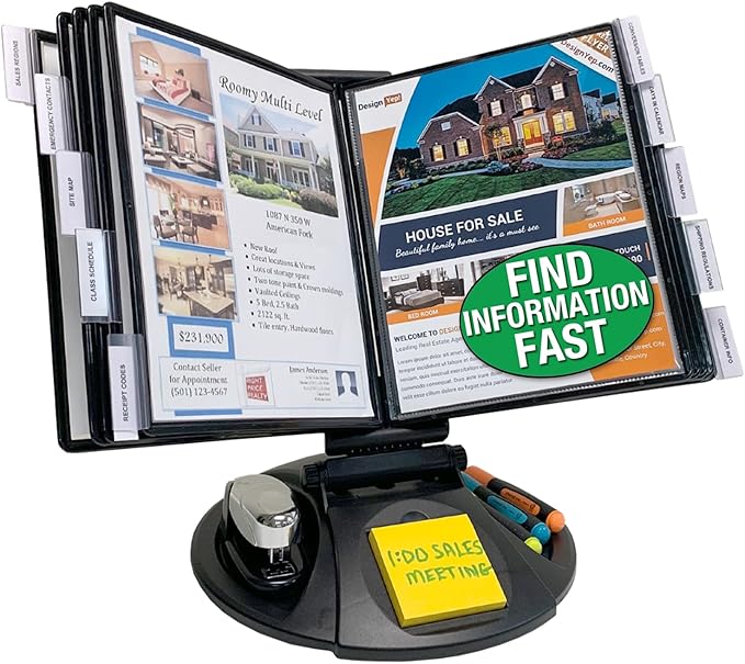 Ultimate Office AdjustaView 10-Pocket Desk Reference Organizer with Supplies Storage Base and EZ-LOAD Pockets to Hold 20 Sheets of Paper, Includes Fast Find Indexing Tabs, Black Pockets