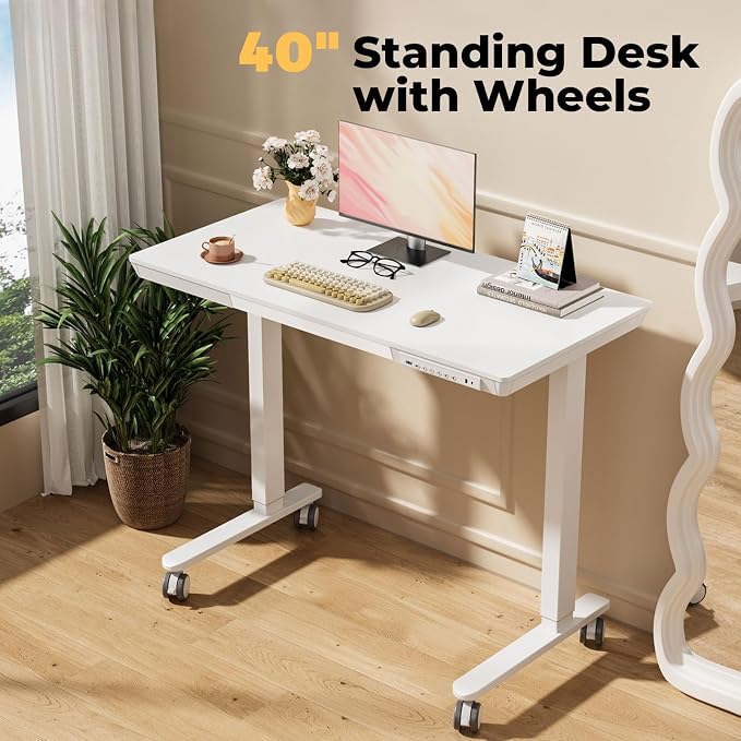 Electric Standing Desk with Drawer, 40" x 20" Whole Piece Tabletop Samll Sit Stand Desk, Height Adjustable Desk with Storage & USB Ports, Quick Install Home Office Computer Desk, White