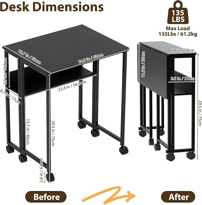 Folding Desk with Storage Shelf, 24.8 Inch Foldable Computer Table with Wheels for Small Spaces,Space Saving Sofa Table for Couch, Rolling Writing Work Office Computer Desk, Easy to Fold,Black